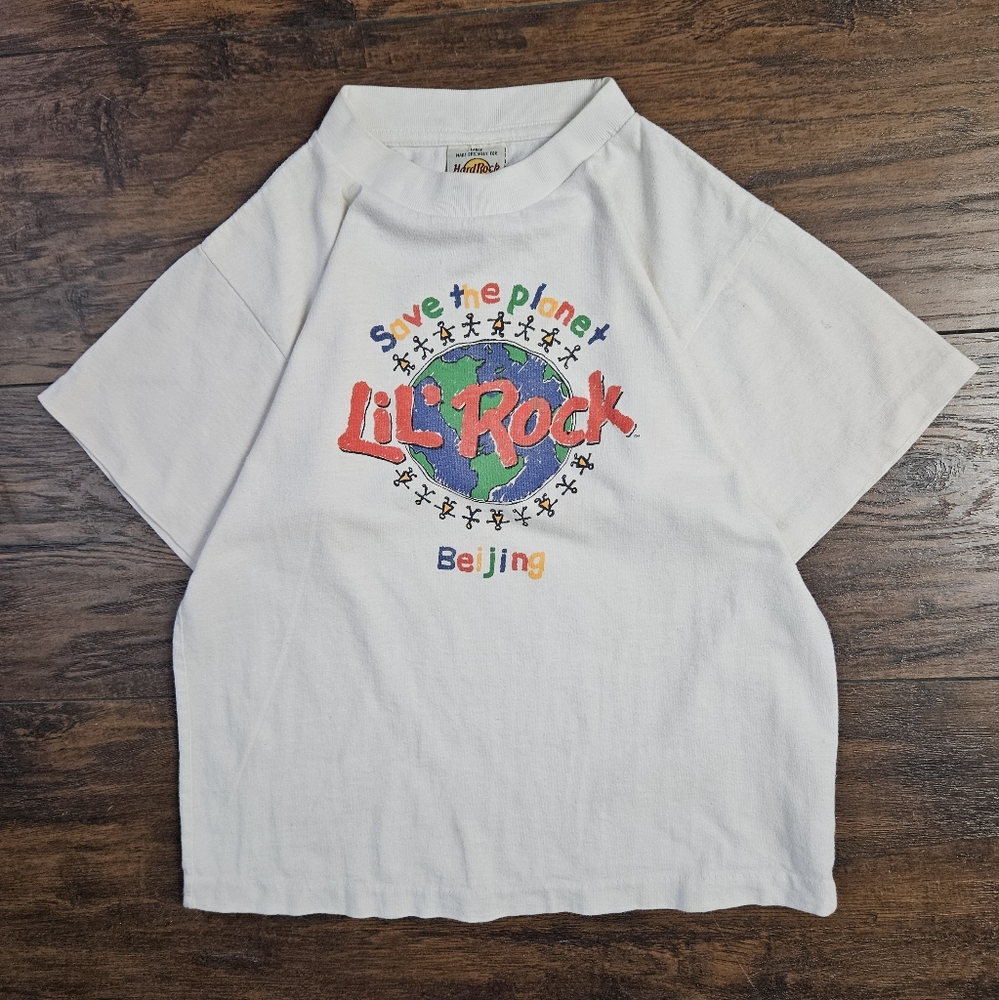 Vintage 90s Hard Rock Cafe Lil' Rock Save The Planet White Cotton Kids Tee Sz LG